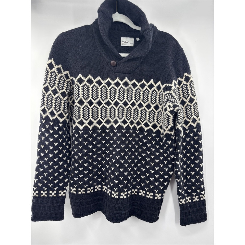 WESC Sweater Wool Men's Small Black Shawl Collar‎ Sweden Fair Isle